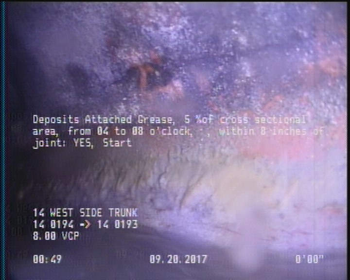 Deposits Attached Grease, 5 %of cross sectional area, from 04 to 08 o'clock, , within 8 inches of joint: YES, Start