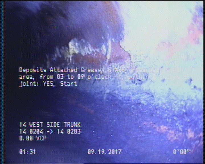 Deposits Attached Grease, 5 %of cross sectional area, from 03 to 09 o'clock, , within 8 inches of joint: YES, Start