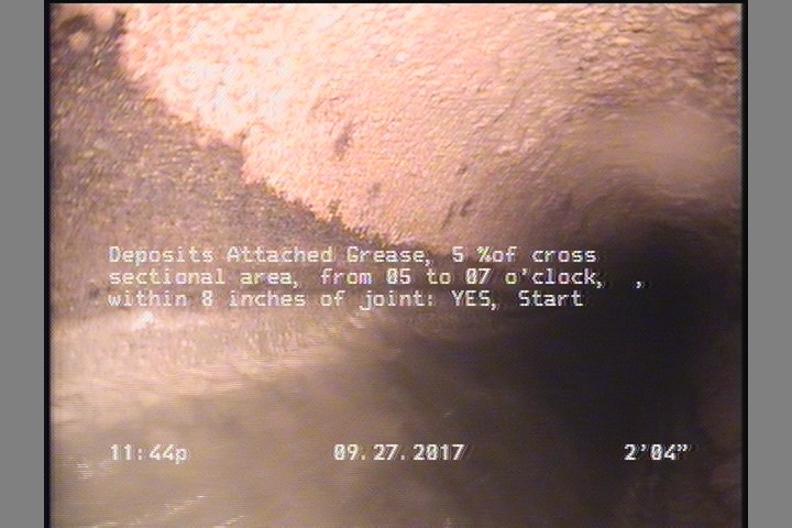 Deposits Attached Grease, 5 %of cross sectional area, from 05 to 07 o'clock, , within 8 inches of joint: YES, Start