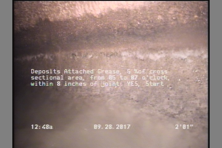 Deposits Attached Grease, 5 %of cross sectional area, from 05 to 07 o'clock, , within 8 inches of joint: YES, Start