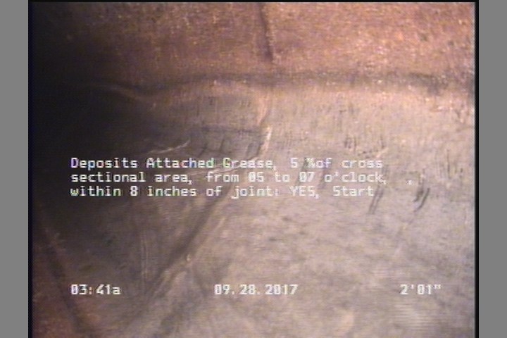 Deposits Attached Grease, 5 %of cross sectional area, from 05 to 07 o'clock, , within 8 inches of joint: YES, Start