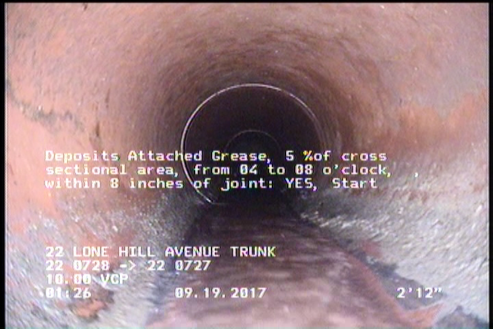 Deposits Attached Grease, 5 %of cross sectional area, from 04 to 08 o'clock, , within 8 inches of joint: YES, Start