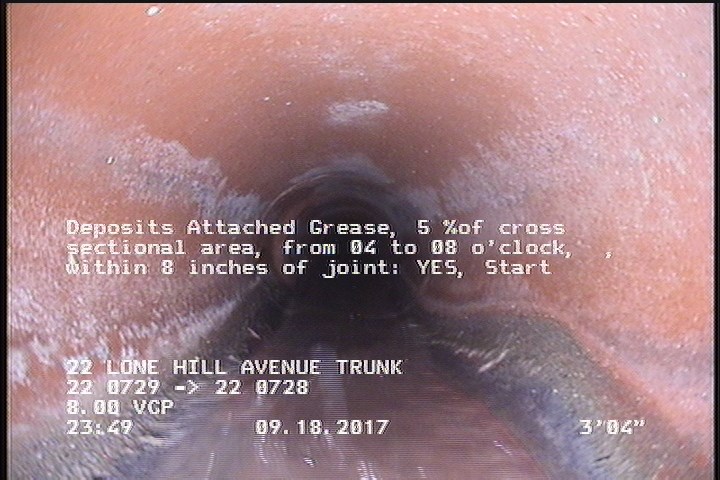 Deposits Attached Grease, 5 %of cross sectional area, from 04 to 08 o'clock, , within 8 inches of joint: YES, Start