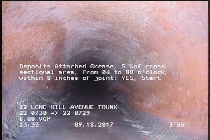 Deposits Attached Grease, 5 %of cross sectional area, from 04 to 08 o'clock, , within 8 inches of joint: YES, Start
