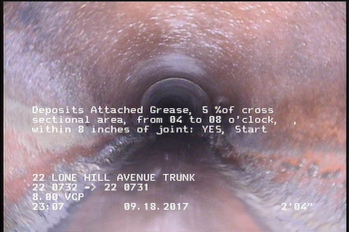 Deposits Attached Grease, 5 %of cross sectional area, from 04 to 08 o'clock, , within 8 inches of joint: YES, Start