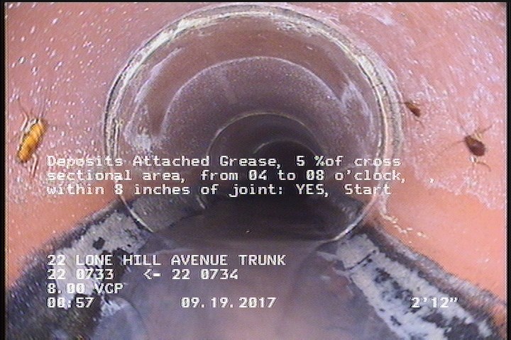 Deposits Attached Grease, 5 %of cross sectional area, from 04 to 08 o'clock, , within 8 inches of joint: YES, Start