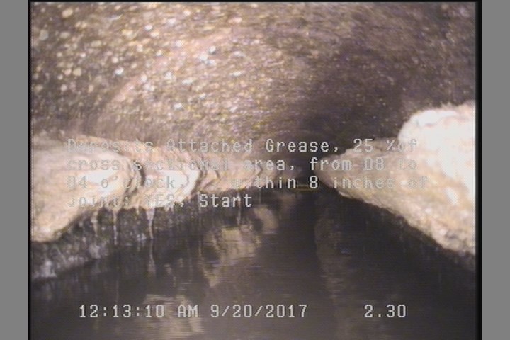 Deposits Attached Grease, 25 %of cross sectional area, from 08 to 04 o'clock, , within 8 inches of joint: YES, Start