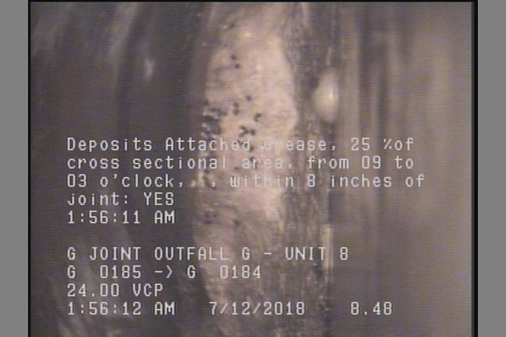 Deposits Attached Grease, 25 %of cross sectional area, from 09 to 03 o'clock, , within 8 inches of joint: YES