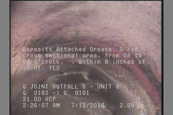 Deposits Attached Grease, 5 %of cross sectional area, from 08 to 04 o'clock, , within 8 inches of joint: YES