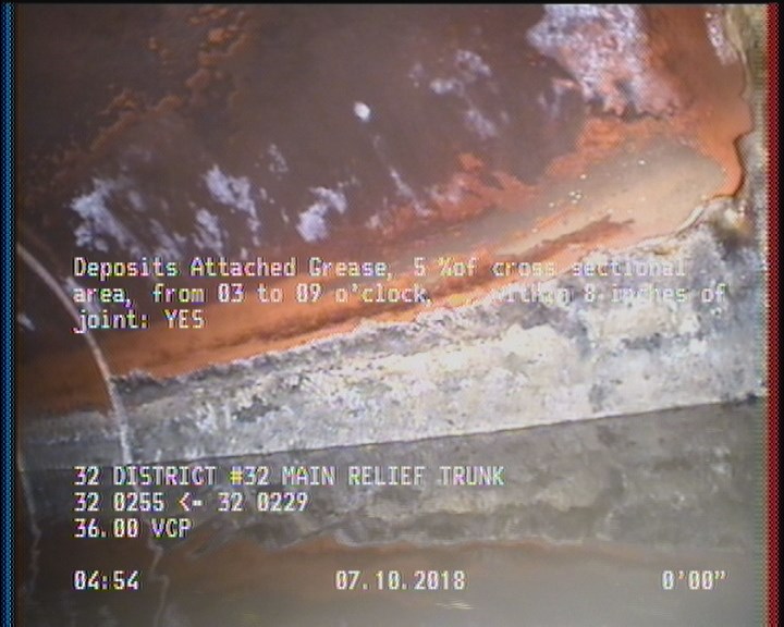 Deposits Attached Grease, 5 %of cross sectional area, from 03 to 09 o'clock, , within 8 inches of joint: YES
