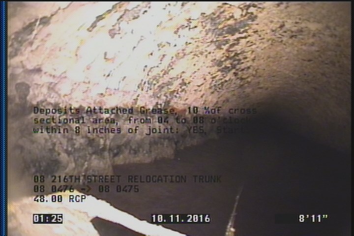 Deposits Attached Grease, 10 %of cross sectional area, from 04 to 08 o'clock, , within 8 inches of joint: YES, Start