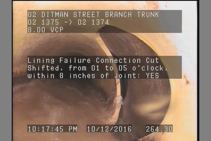 Lining Failure Connection Cut Shifted, from 01 to 05 o'clock, within 8 inches of joint: YES