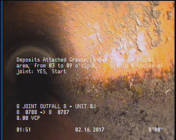 Deposits Attached Grease, 5 %of cross sectional area, from 03 to 09 o'clock, , within 8 inches of joint: YES, Start