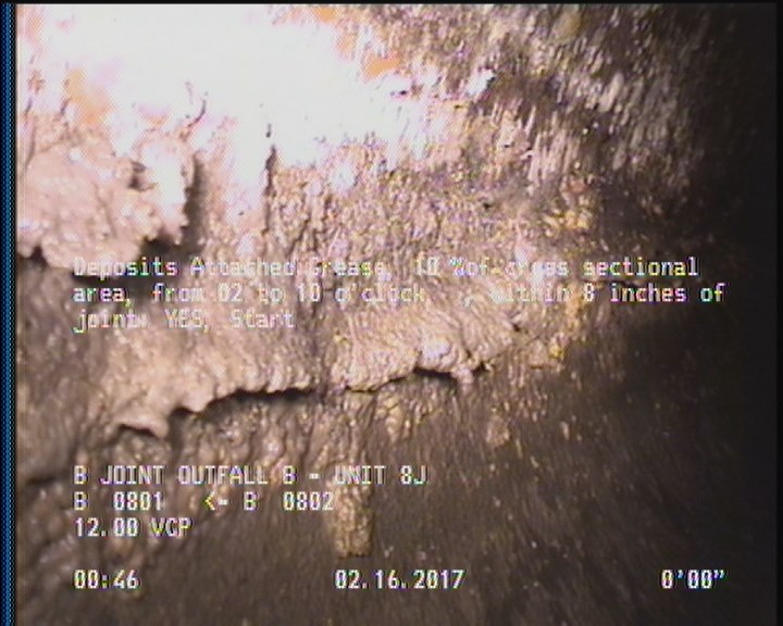 Deposits Attached Grease, 10 %of cross sectional area, from 02 to 10 o'clock, , within 8 inches of joint: YES, Start