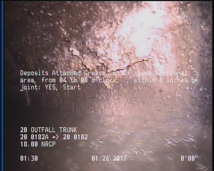 Deposits Attached Grease, 5 %of cross sectional area, from 04 to 08 o'clock, , within 8 inches of joint: YES, Start