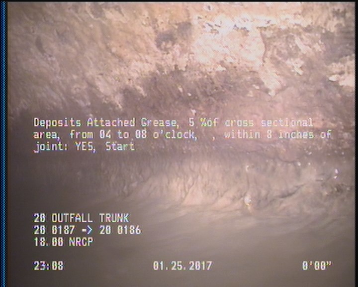 Deposits Attached Grease, 5 %of cross sectional area, from 04 to 08 o'clock, , within 8 inches of joint: YES, Start