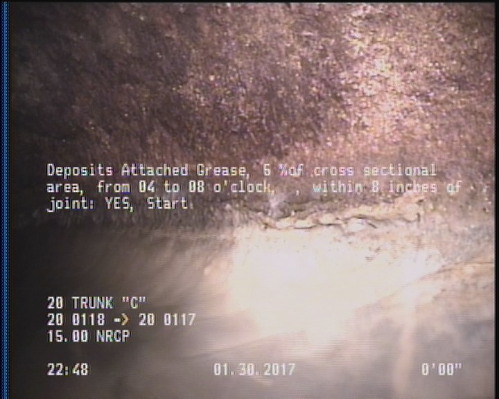 Deposits Attached Grease, 10 %of cross sectional area, from 04 to 08 o'clock, , within 8 inches of joint: YES, Start