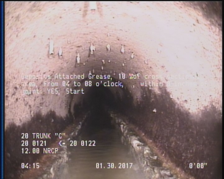 Deposits Attached Grease, 10 %of cross sectional area, from 04 to 08 o'clock, , within 8 inches of joint: YES, Start