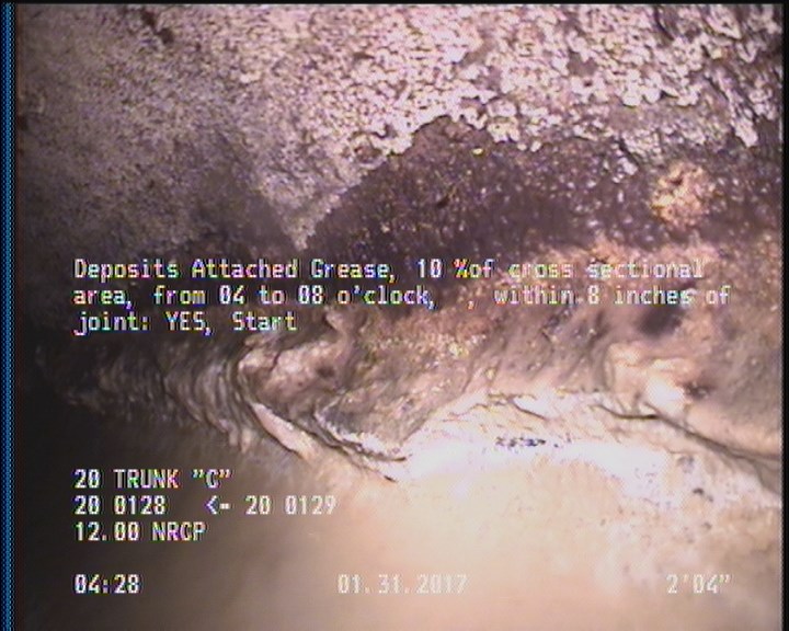 Deposits Attached Grease, 10 %of cross sectional area, from 04 to 08 o'clock, , within 8 inches of joint: YES, Start