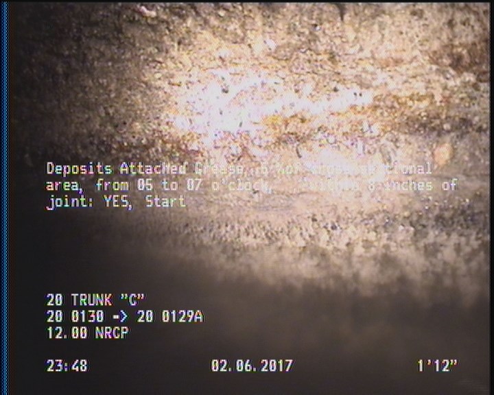 Deposits Attached Grease, 5 %of cross sectional area, from 05 to 07 o'clock, , within 8 inches of joint: YES, Start