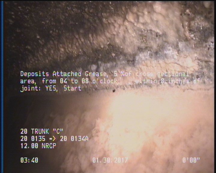 Deposits Attached Grease, 5 %of cross sectional area, from 04 to 08 o'clock, , within 8 inches of joint: YES, Start