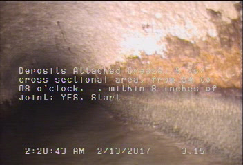 Deposits Attached Grease, 5 %of cross sectional area, from 04 to 08 o'clock, , within 8 inches of joint: YES, Start