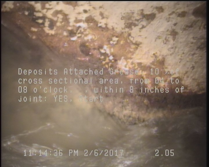 Deposits Attached Grease, 10 %of cross sectional area, from 04 to 08 o'clock, , within 8 inches of joint: YES, Start