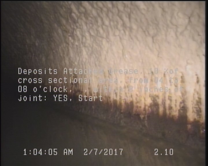 Deposits Attached Grease, 10 %of cross sectional area, from 04 to 08 o'clock, , within 8 inches of joint: YES, Start