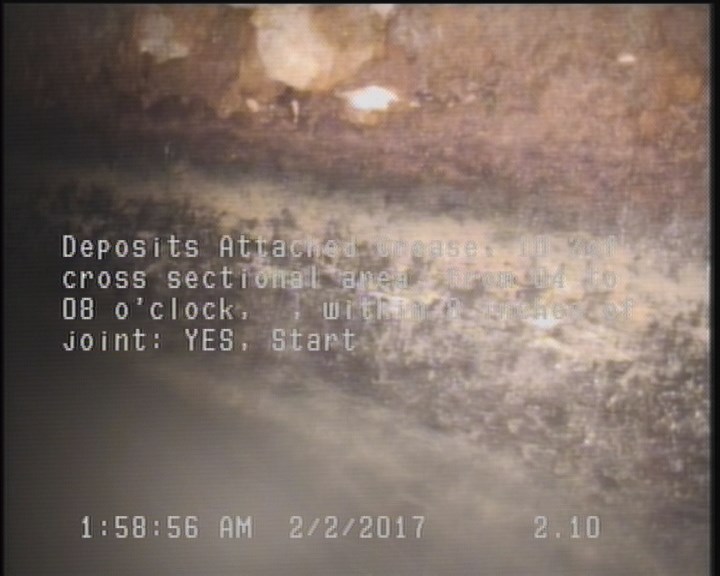 Deposits Attached Grease, 10 %of cross sectional area, from 04 to 08 o'clock, , within 8 inches of joint: YES, Start