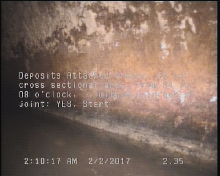 Deposits Attached Grease, 10 %of cross sectional area, from 04 to 08 o'clock, , within 8 inches of joint: YES, Start