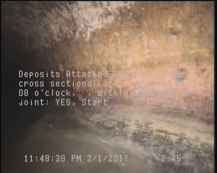 Deposits Attached Grease, 10 %of cross sectional area, from 04 to 08 o'clock, , within 8 inches of joint: YES, Start