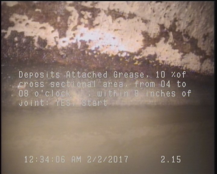 Deposits Attached Grease, 10 %of cross sectional area, from 04 to 08 o'clock, , within 8 inches of joint: YES, Start