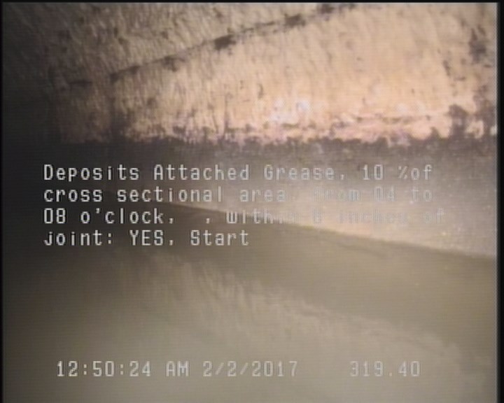 Deposits Attached Grease, 10 %of cross sectional area, from 04 to 08 o'clock, , within 8 inches of joint: YES, Start