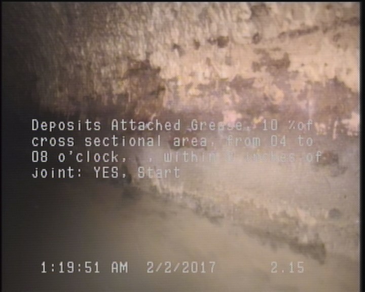 Deposits Attached Grease, 10 %of cross sectional area, from 04 to 08 o'clock, , within 8 inches of joint: YES, Start