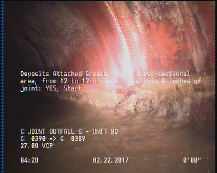 Deposits Attached Grease, 5 %of cross sectional area, from 12 to 12 o'clock, , within 8 inches of joint: YES, Start