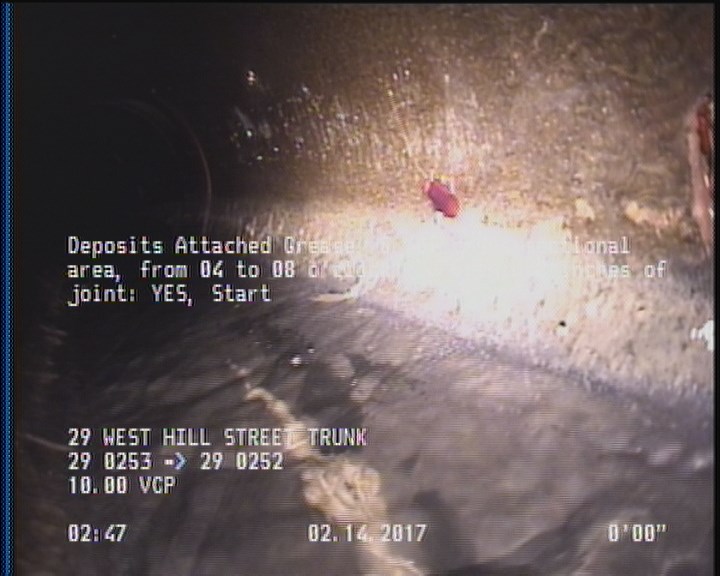 Deposits Attached Grease, 5 %of cross sectional area, from 04 to 08 o'clock, , within 8 inches of joint: YES, Start