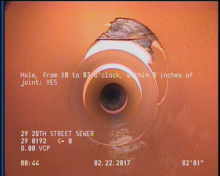 Hole, from 10 to 03 o'clock, within 8 inches of joint: YES - WITH REPAIR VISIBLE