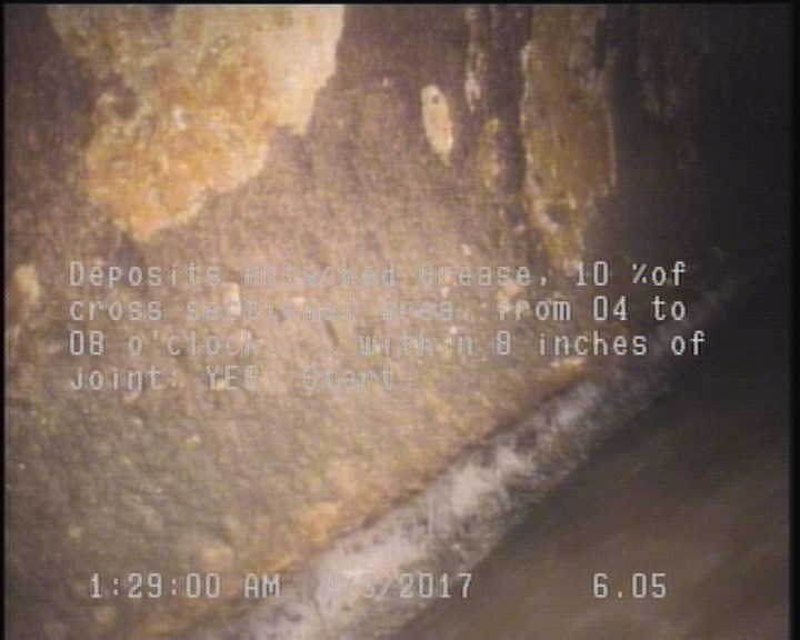 Deposits Attached Grease, 10 %of cross sectional area, from 04 to 08 o'clock, , within 8 inches of joint: YES, Start
