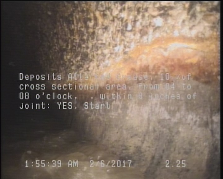Deposits Attached Grease, 10 %of cross sectional area, from 04 to 08 o'clock, , within 8 inches of joint: YES, Start
