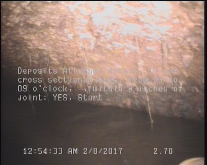 Deposits Attached Grease, 10 %of cross sectional area, from 03 to 09 o'clock, , within 8 inches of joint: YES, Start