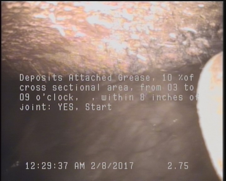 Deposits Attached Grease, 10 %of cross sectional area, from 03 to 09 o'clock, , within 8 inches of joint: YES, Start