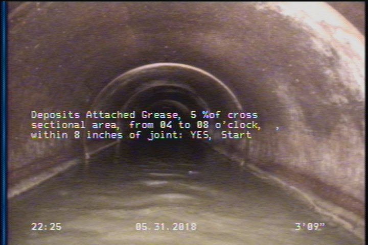 Deposits Attached Grease, 5 %of cross sectional area, from 04 to 08 o'clock, , within 8 inches of joint: YES, Start
