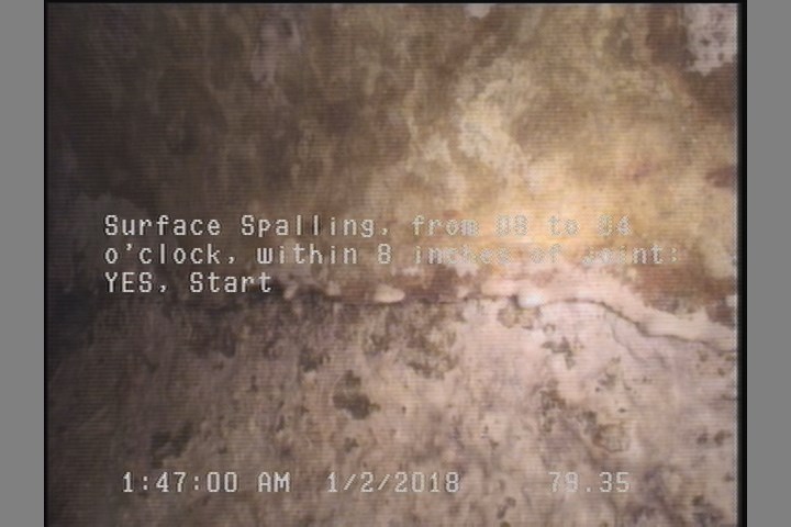 Surface Spalling, from 08 to 04 o'clock, within 8 inches of joint: YES, Start