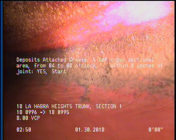 Deposits Attached Grease, 5 %of cross sectional area, from 04 to 08 o'clock, , within 8 inches of joint: YES, Start