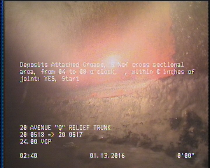 Deposits Attached Grease, 5 %of cross sectional area, from 04 to 08 o'clock, , within 8 inches of joint: YES, Start