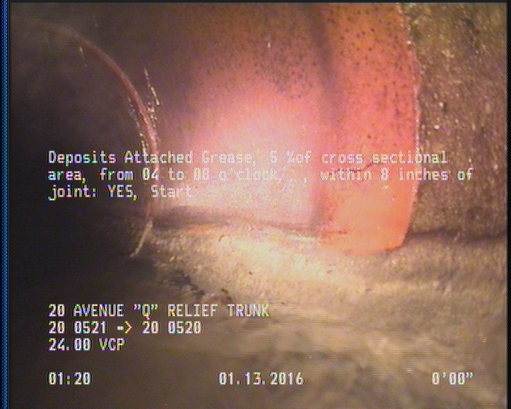 Deposits Attached Grease, 5 %of cross sectional area, from 04 to 08 o'clock, , within 8 inches of joint: YES, Start