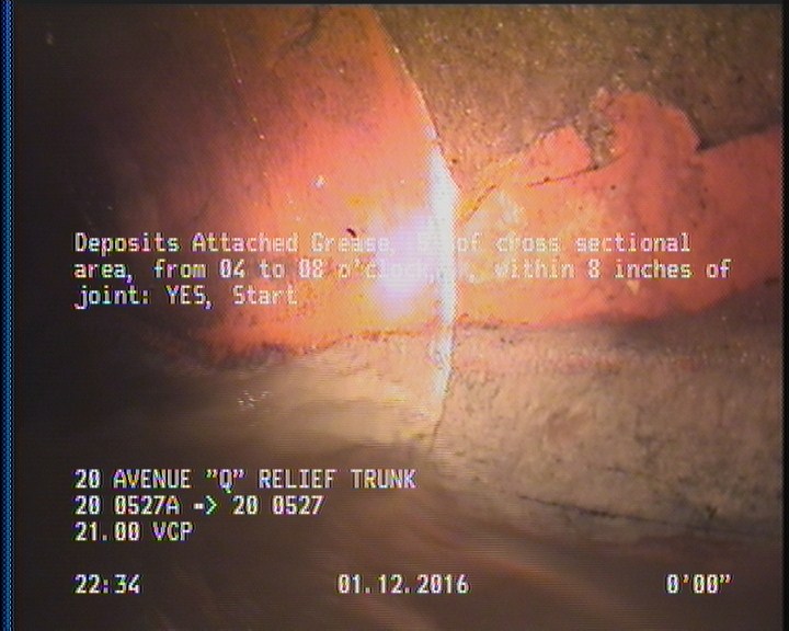 Deposits Attached Grease, 5 %of cross sectional area, from 04 to 08 o'clock, , within 8 inches of joint: YES, Start