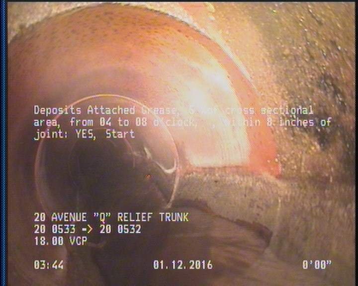 Deposits Attached Grease, 5 %of cross sectional area, from 04 to 08 o'clock, , within 8 inches of joint: YES, Start