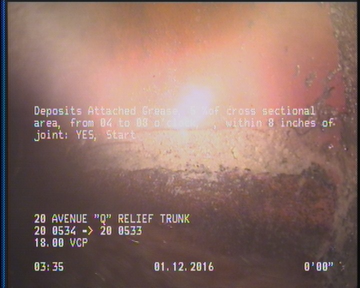 Deposits Attached Grease, 5 %of cross sectional area, from 04 to 08 o'clock, , within 8 inches of joint: YES, Start