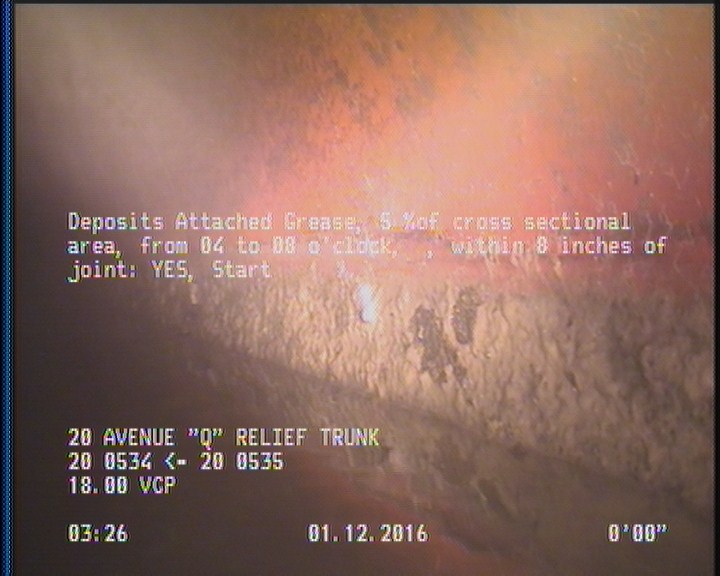 Deposits Attached Grease, 5 %of cross sectional area, from 04 to 08 o'clock, , within 8 inches of joint: YES, Start
